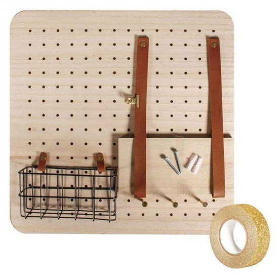 Organiseur mural bois personnalisable pin & peg 40 x 40 cm + masking tape doré à paillettes 5 m
