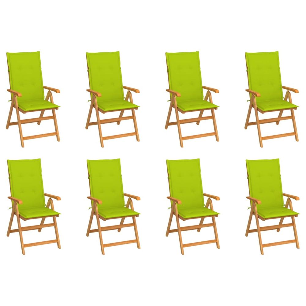 Fauteuils pliants inclinables avec coussins, 8 pièces, en teck massif