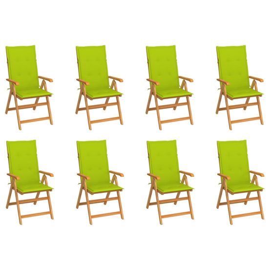 Fauteuils pliants inclinables avec coussins, 8 pièces, en teck massif