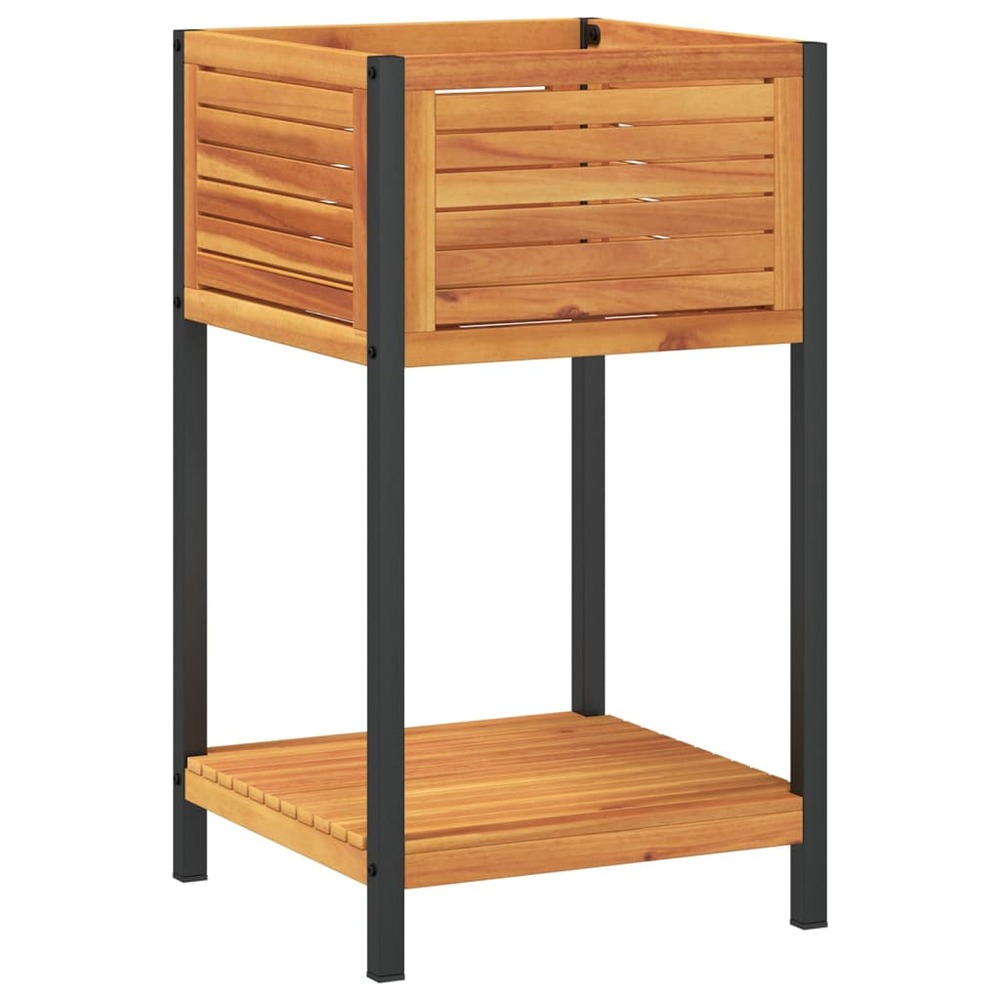Jardinière bac lit surélevé plantes fleurs terrasse jardin et étagère 45 x 45 x 80 cm bois massif d'acacia et acier marron 02