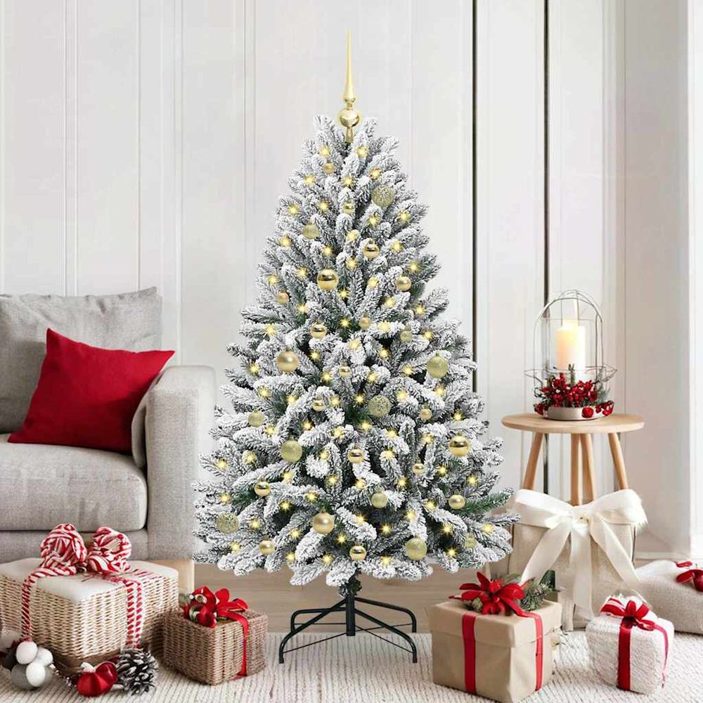 Sapin de noël décoré effet neige 150 cm, pvc avec guirlande led intégrée et 61 boules