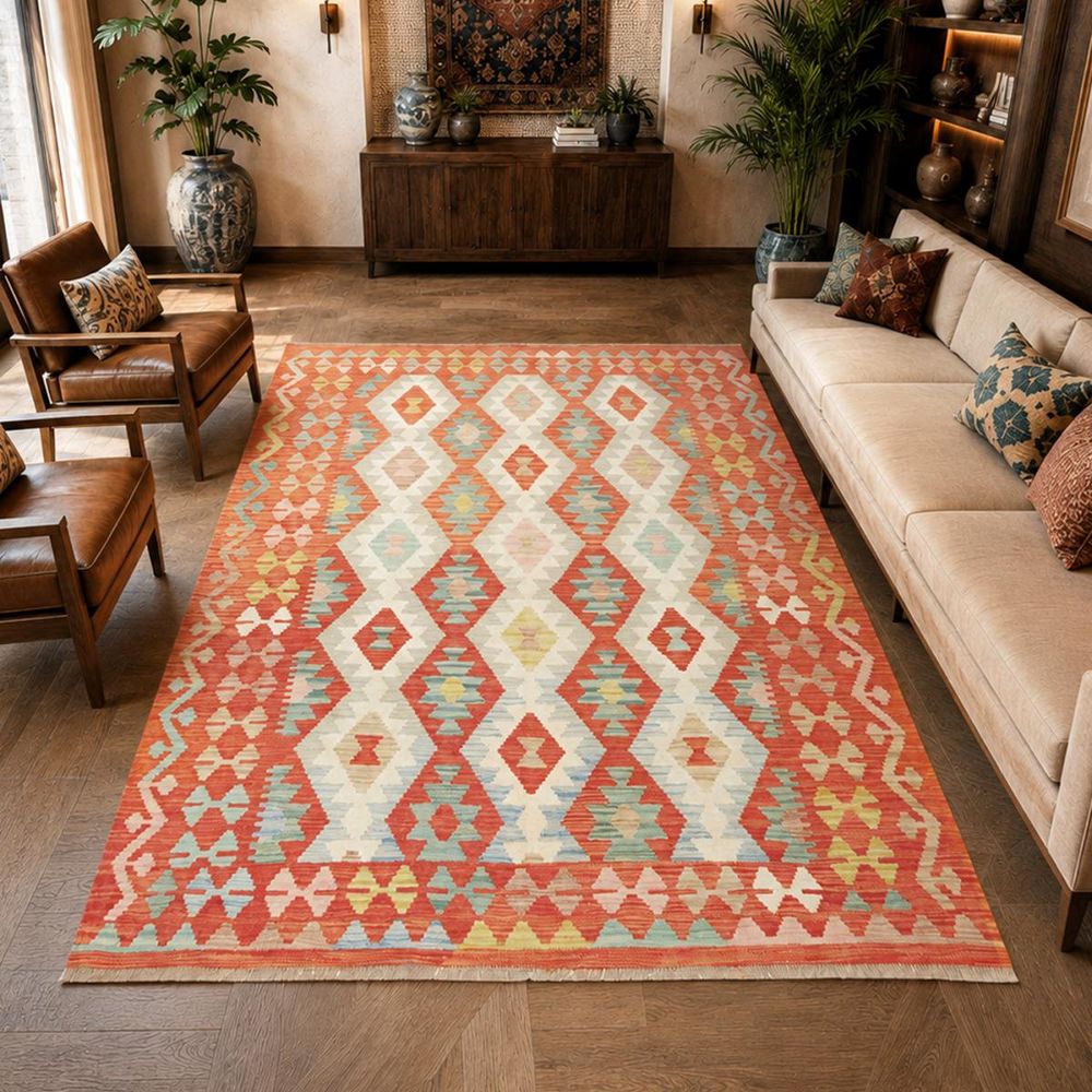 Tapis kilim 152 x 198 cm, orange, crème et vert, en laine, kilim 86