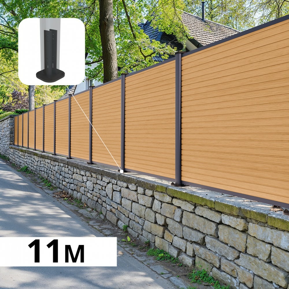 Kit clôture composite sur muret poteau sur platines - santos cèdre h-1,2m