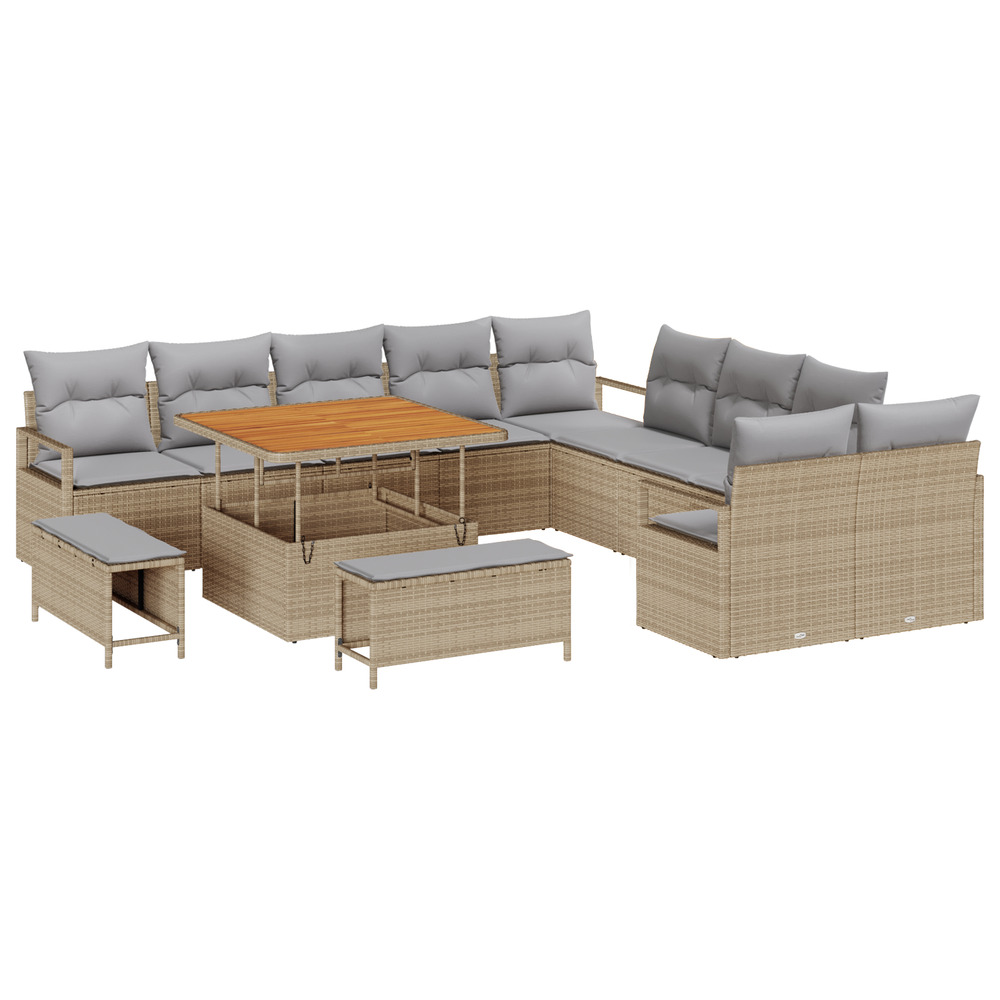 Ensemble de canapé de jardin de 13 pièces avec coussins beige en poly rotin et acacia