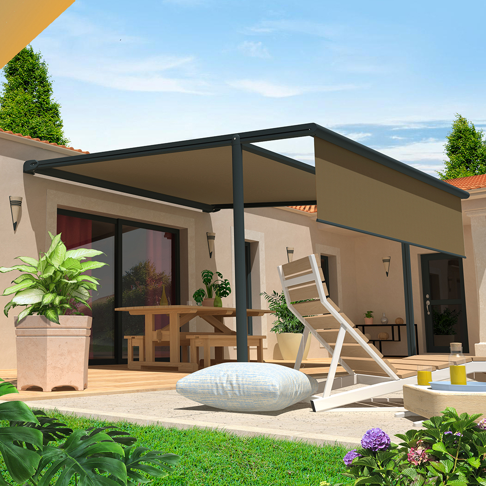 Pergola toile pyrite 4,00x4,00 m motorisé secours à télécommande + led + lambrequin (gris anthracite stucturé ral7016st - taupe)