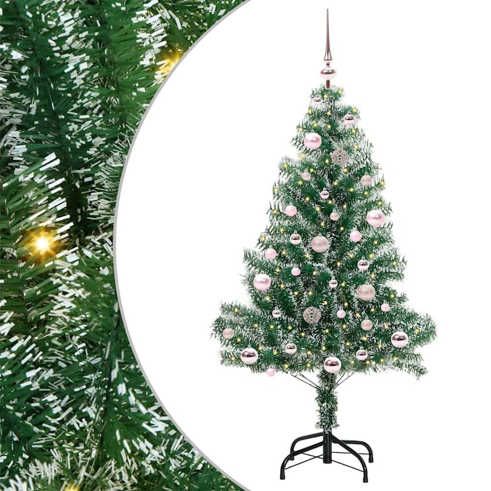Sapin de noël 150 cm prêt à l'emploi, enneigé avec guirlande led et boules