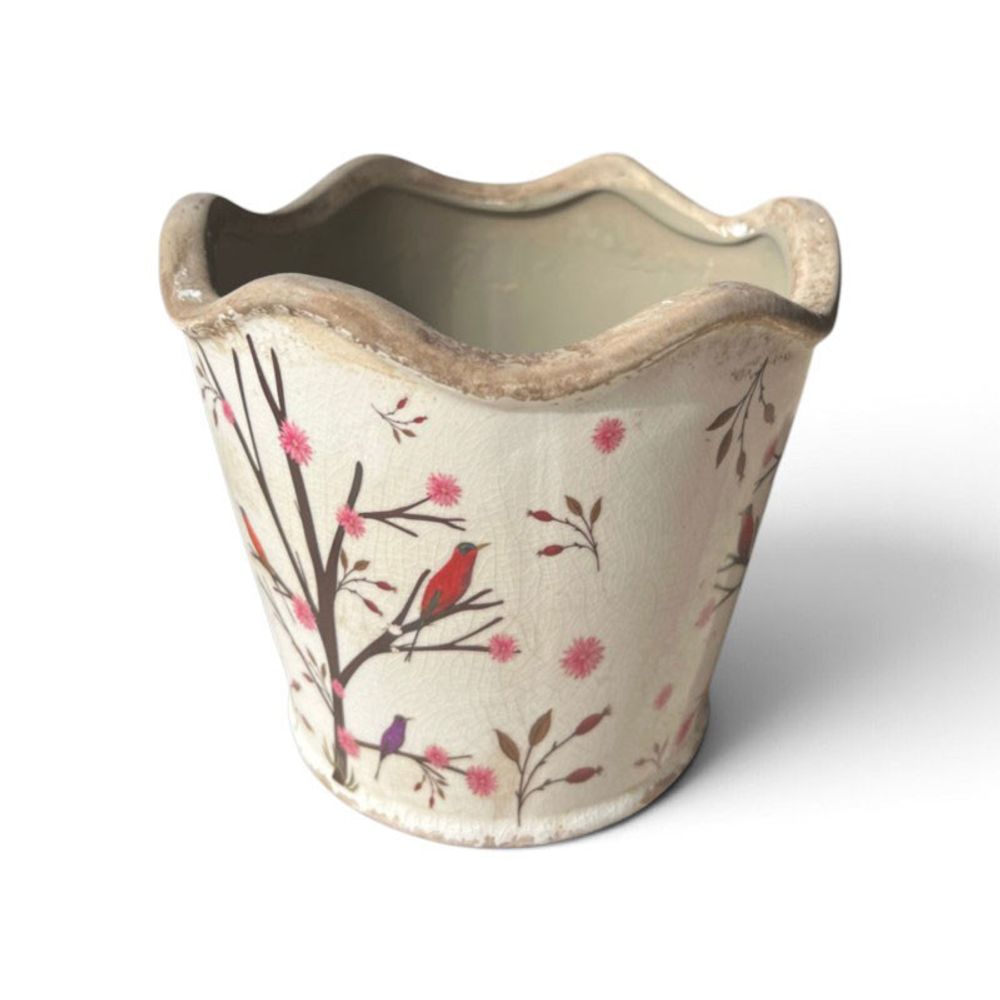Pot de fleurs céramique branches beige marron 16x15cm