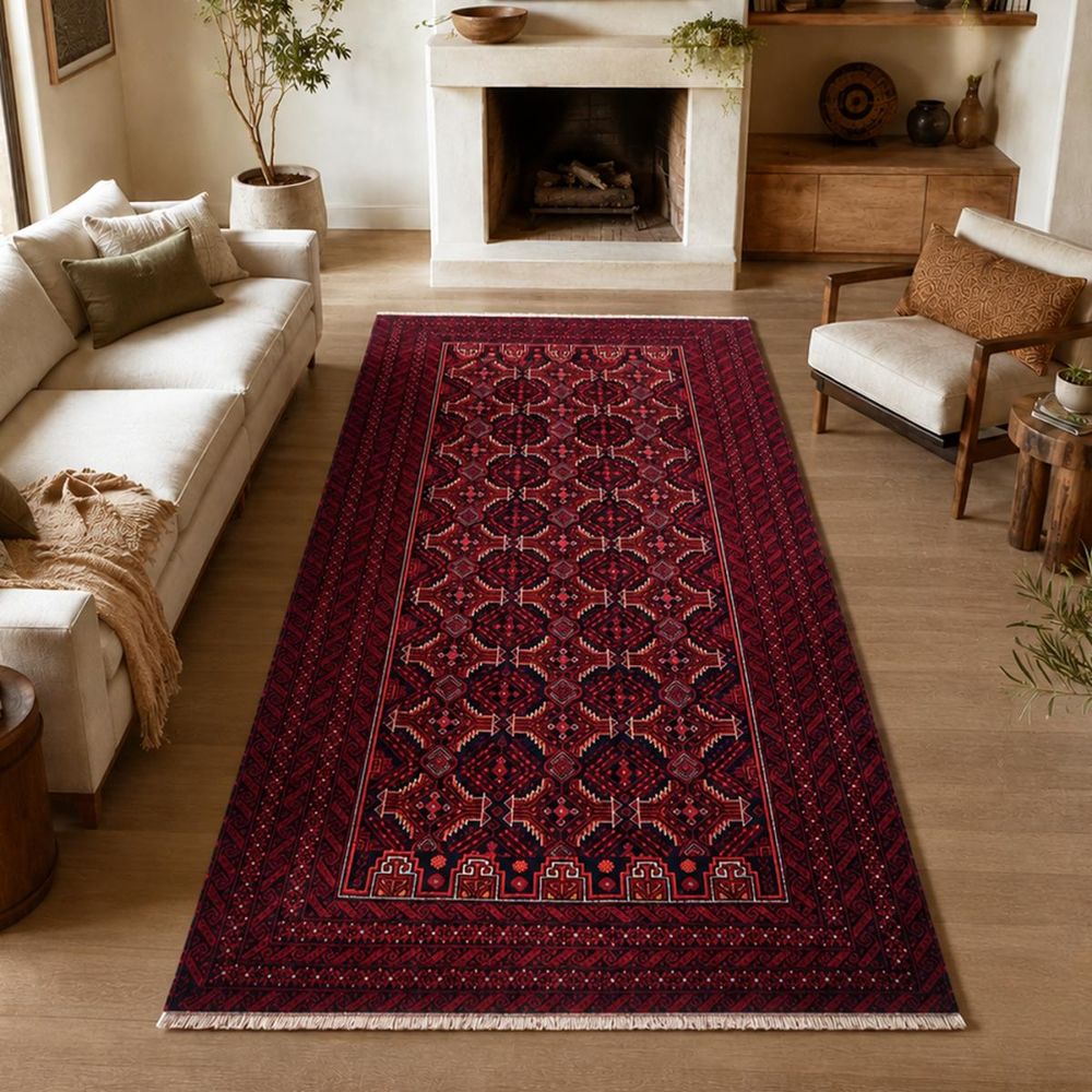 Tapis salon 108 x 208 cm, bordeaux, noir et rouge, en laine naturelle, balutsch 8