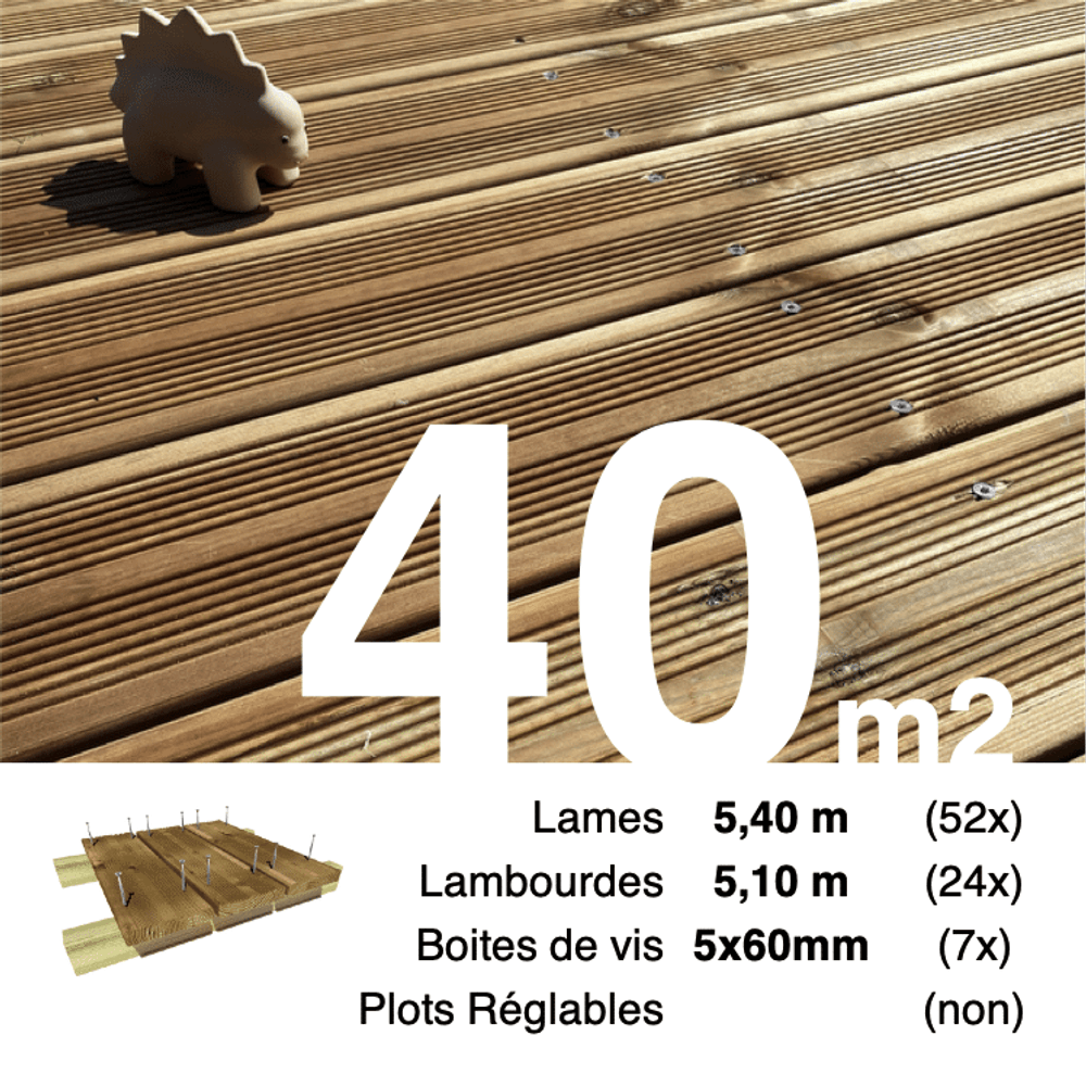 Kit terrasse pin autoclave marron pour 40 m², lames 5,4 m, lambourdes 5,1 m et visserie inox.