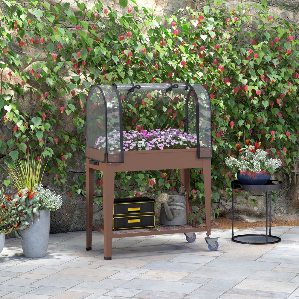 Jardinière sur pieds métal pour jardin potager serre avec bâche et étagère 120cm marron