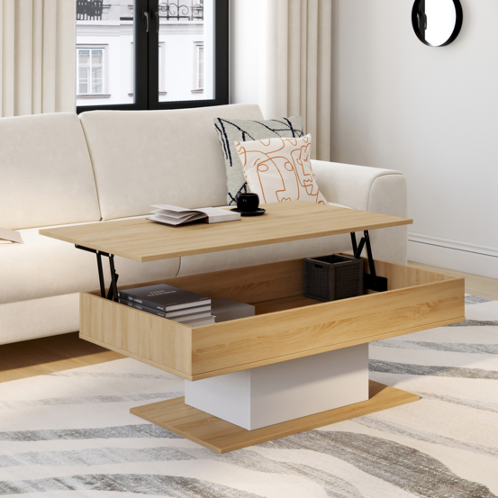 Table basse plateau relevable rectangulaire eden bois et blanc