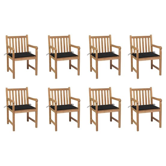 Chaises de jardin lot de 8 avec coussins noir bois teck massif