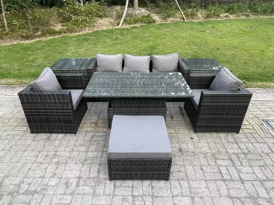 6 places rotin meubles de jardin ensemble réglable canapé d’extérieur salle à manger table élévatrice de 2 fauteuils 2 tables