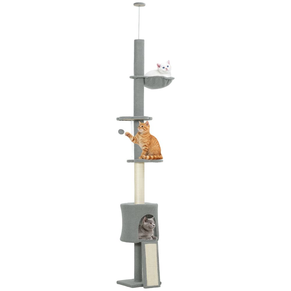 Arbre à chat sol-plafond hauteur réglable 220-240cm avec hamac niche en velours doux gris