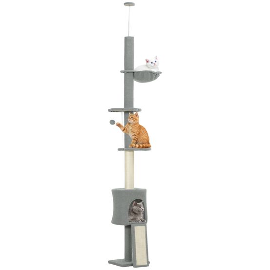 Arbre à chat sol-plafond hauteur réglable 220-240cm avec hamac niche en velours doux gris