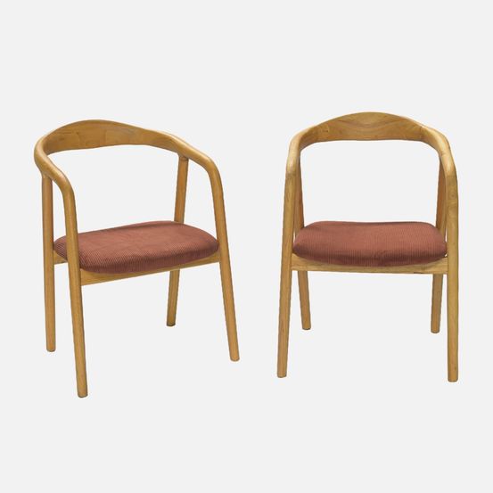 Lot de 2 fauteuils vintage bois d'hévéa et velours côtelé - l 55 x p 58 x h 79 cm