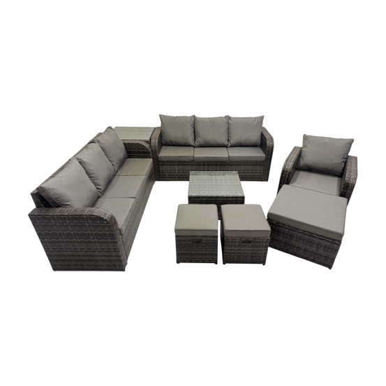 10 places salon de jardin exterieur avec canapés table basse carrée chaise inclinable 3 tabourets table d'appoint gris foncé mixte