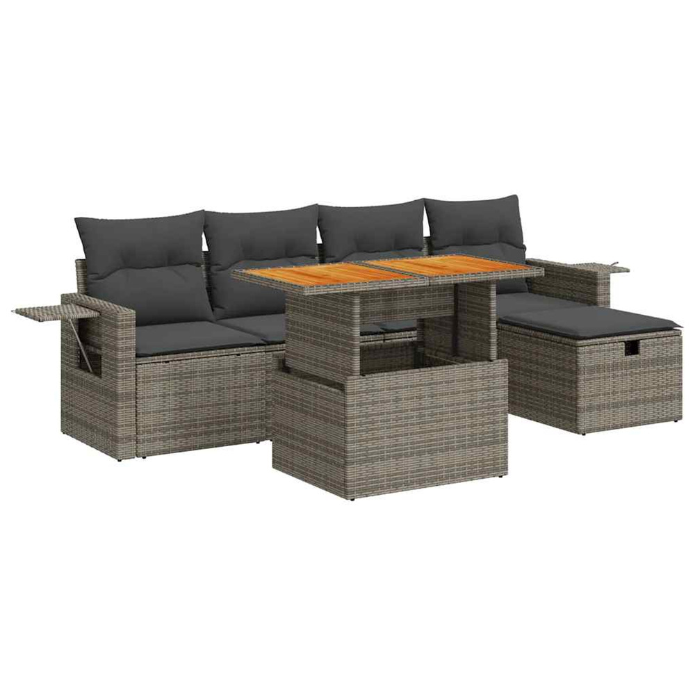 Salon de jardin avec coussins 6 pcs gris résine tressée acacia