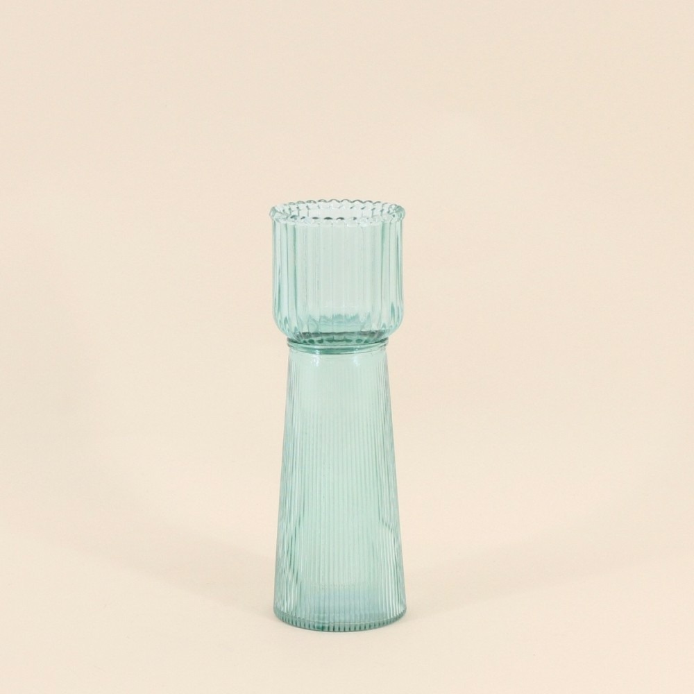 Bougeoir en verre strié vert 23cm