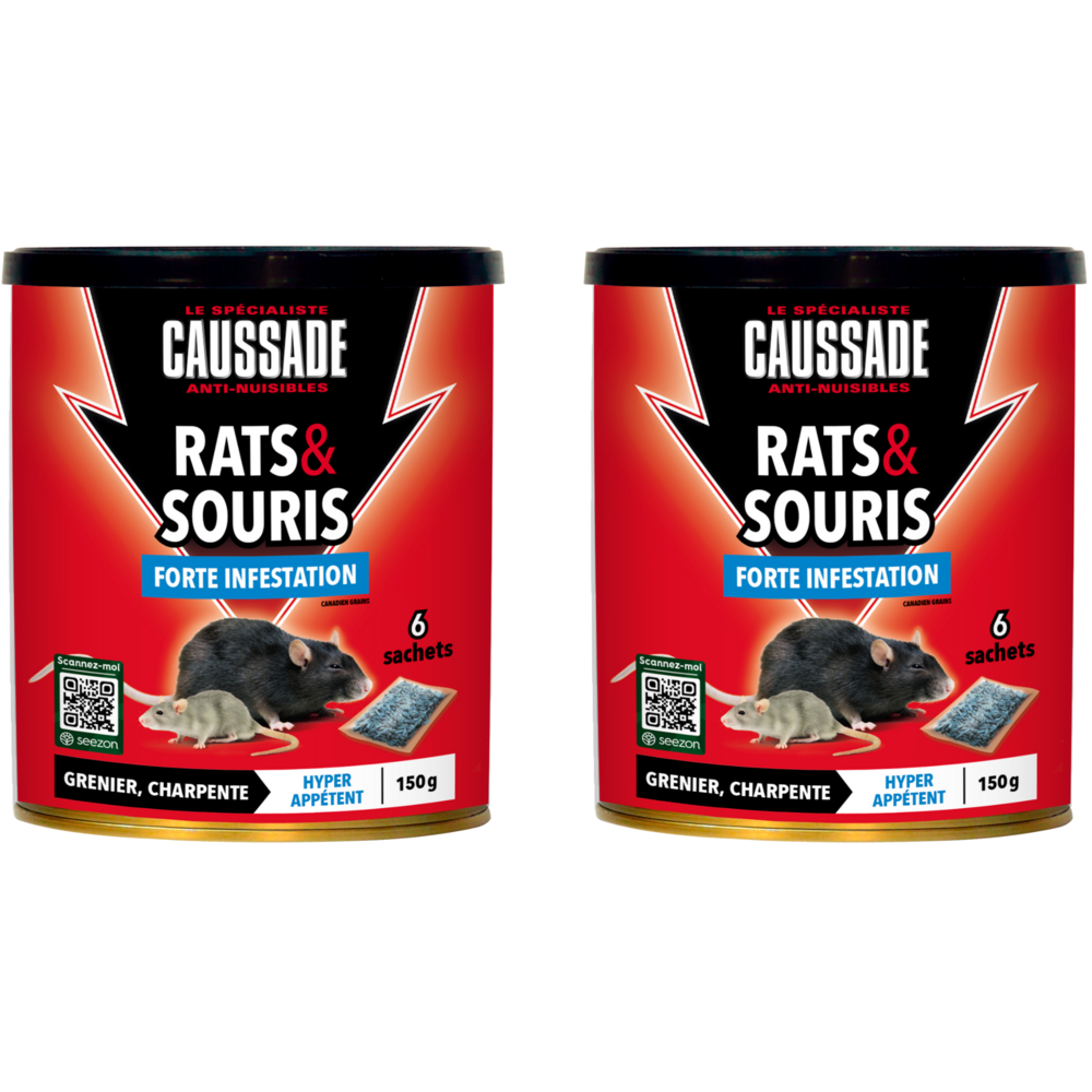 Caussade anti-rats & souris – 12 sachets céréales prêts à l’emploi, forte infestation, usage lieux secs, 2x150g