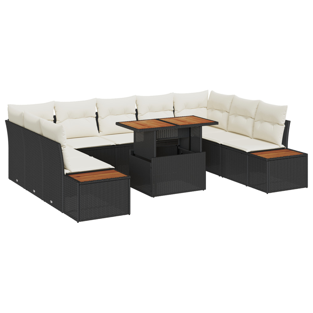 Set de salle à manger de jardin de 10 pièces avec coussins en poly rotin noir et acacia