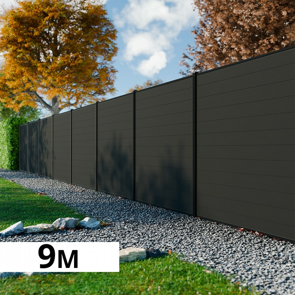 Kit clôture bois composite anthracite 9x1,8m rio - poteaux en aluminium noir - brise vue - palissade