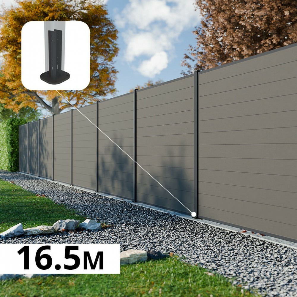 Kit clôture composite rio platines 16,5x1,8m - bois composite & aluminium - poteaux sur platines gris - brise vue - palissade