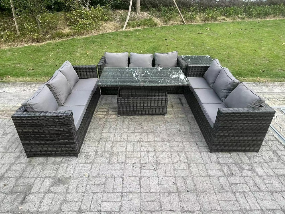 9 places extérieur en rotin meubles de jardin canapé set patio réglable table à manger set table d'appoint gris foncé mixte