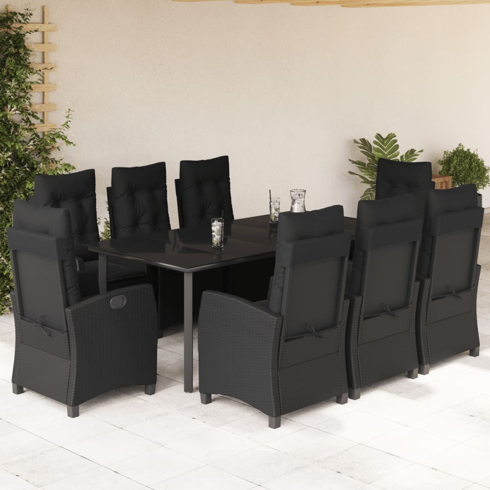 Ensemble à manger de jardin 9pcs coussins noir résine tressée