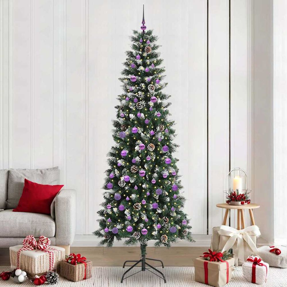 Grand sapin de noël artificiel 240cm effet neige avec 300 led et 120 boules