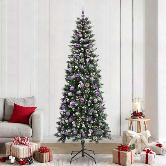 Grand sapin de noël artificiel 240cm effet neige avec 300 led et 120 boules