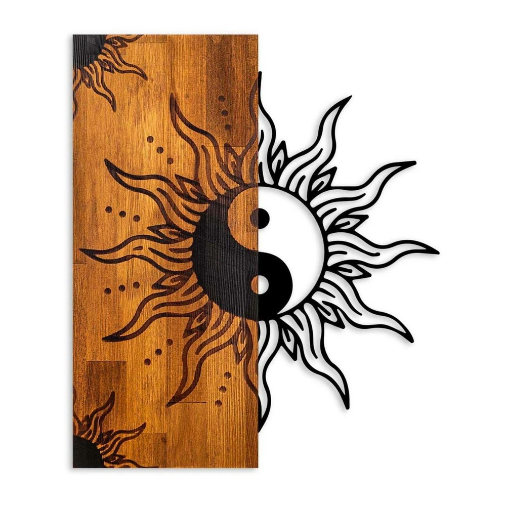 Décoration murale en bois et métal walnut yin yang