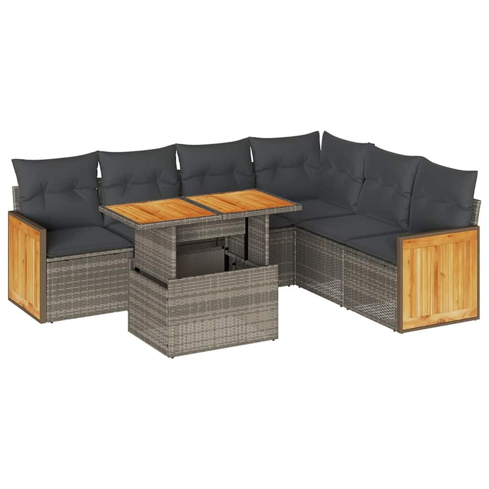 Salon de jardin avec coussins 7 pcs gris résine tressée acacia