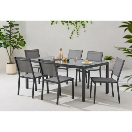 Ensemble table de jardin 6 personnes : table + 6 chaises - structure en aluminium - l180 x p 90 x h 72 cm - gris anthracite