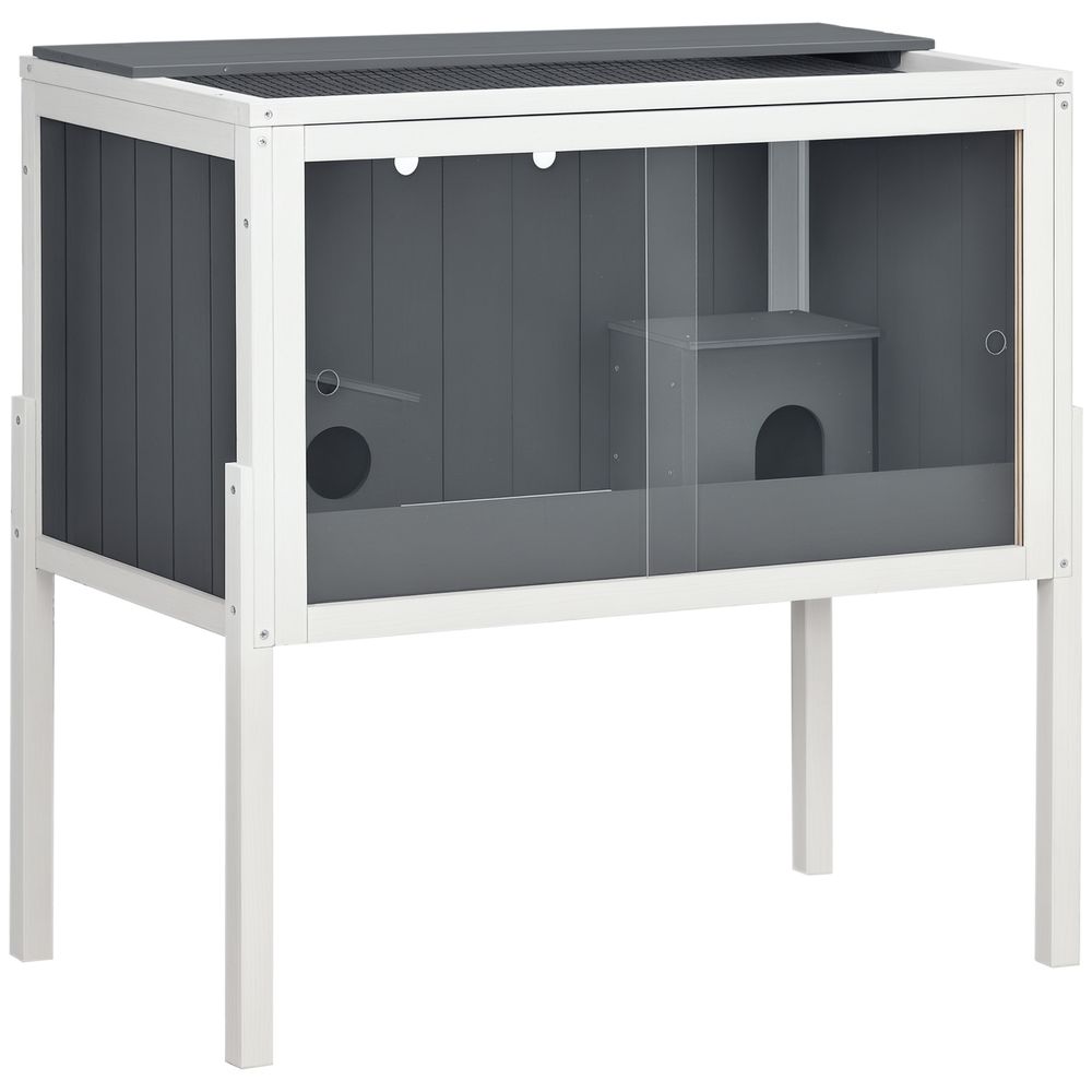 Cage hamster bois sapin rongeurs 2 maisonnettes porte acrylique 82x45x81cm gris
