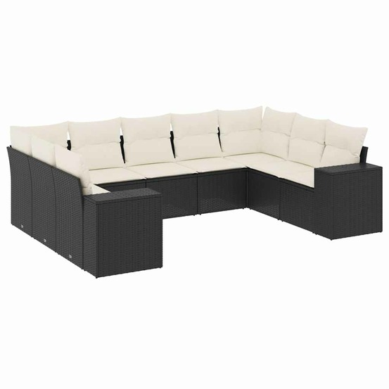 Salon de jardin 9 pcs avec coussins noir résine tressée
