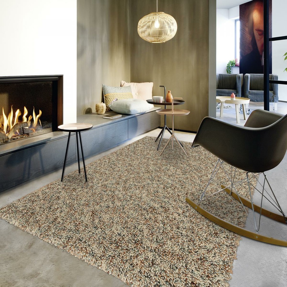 Tapis longs poils shaggy 160x230 rectangle tissé beige et gris en laine