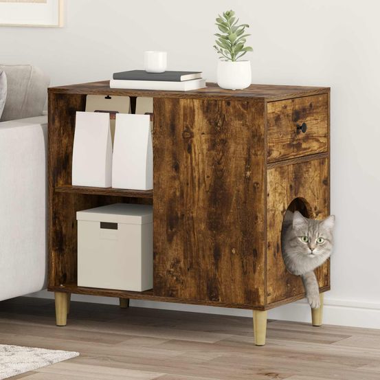Grande maison chat chêne fumé brun 72cm pour grand chat isolé robuste