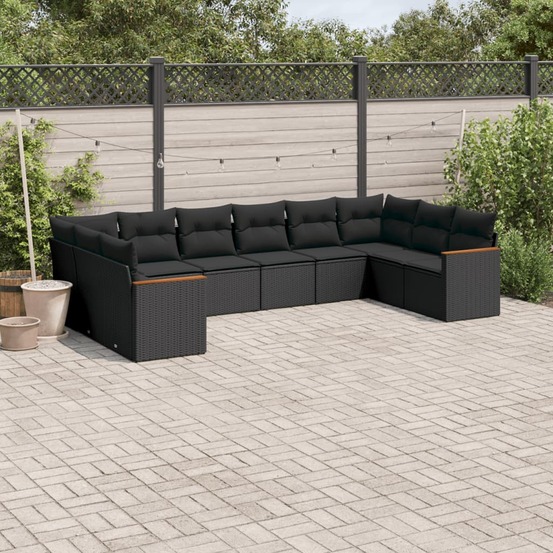 Salon de jardin 10 pcs avec coussins noir résine tressée