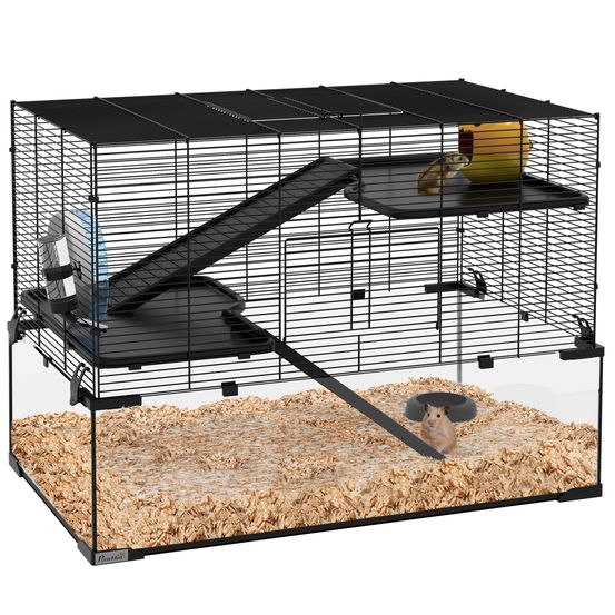 Cage hamster nain acier verre trempé 3 niveaux accessoires 76x48x54cm noir