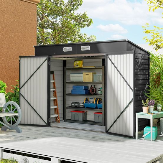 Abri de jardin outillage acier galvanisé extérieur double porte 249x121x183cm gris - comfortxl outdoor living