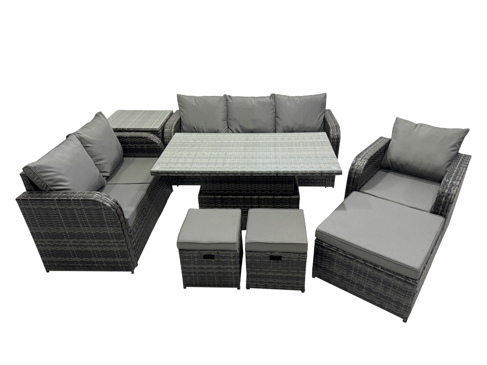 Ensemble repas de jardin exterieur table à manger réglable en hauteur chaise inclinable canapé avec table d'appoint 3 tabourets