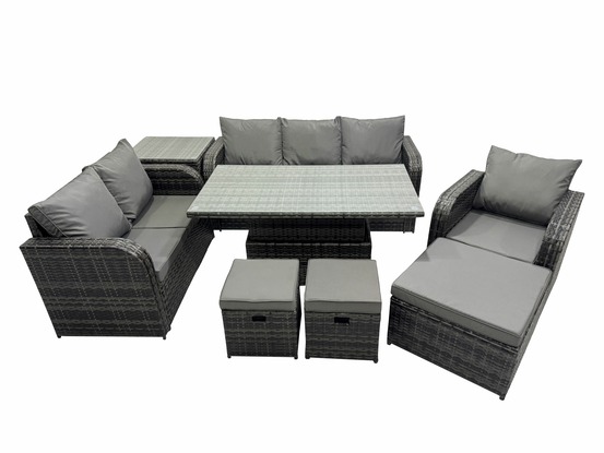 Ensemble repas de jardin exterieur table à manger réglable en hauteur chaise inclinable canapé avec table d'appoint 3 tabourets