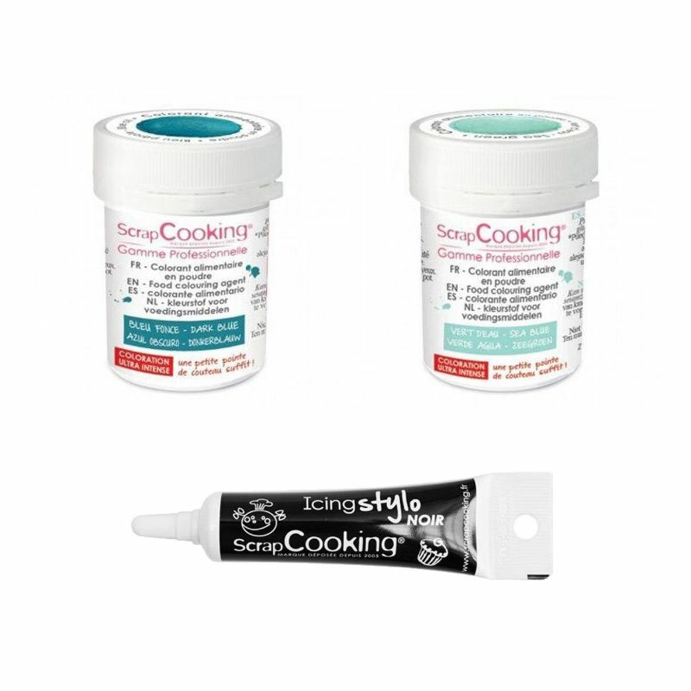 2 colorants alimentaires bleu foncé-vert d'eau + stylo glaçage noir