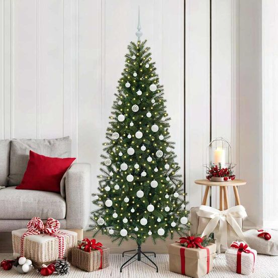 Sapin artificiel vert 180cm prêt à décorer, kit complet avec lumières et boules de noël