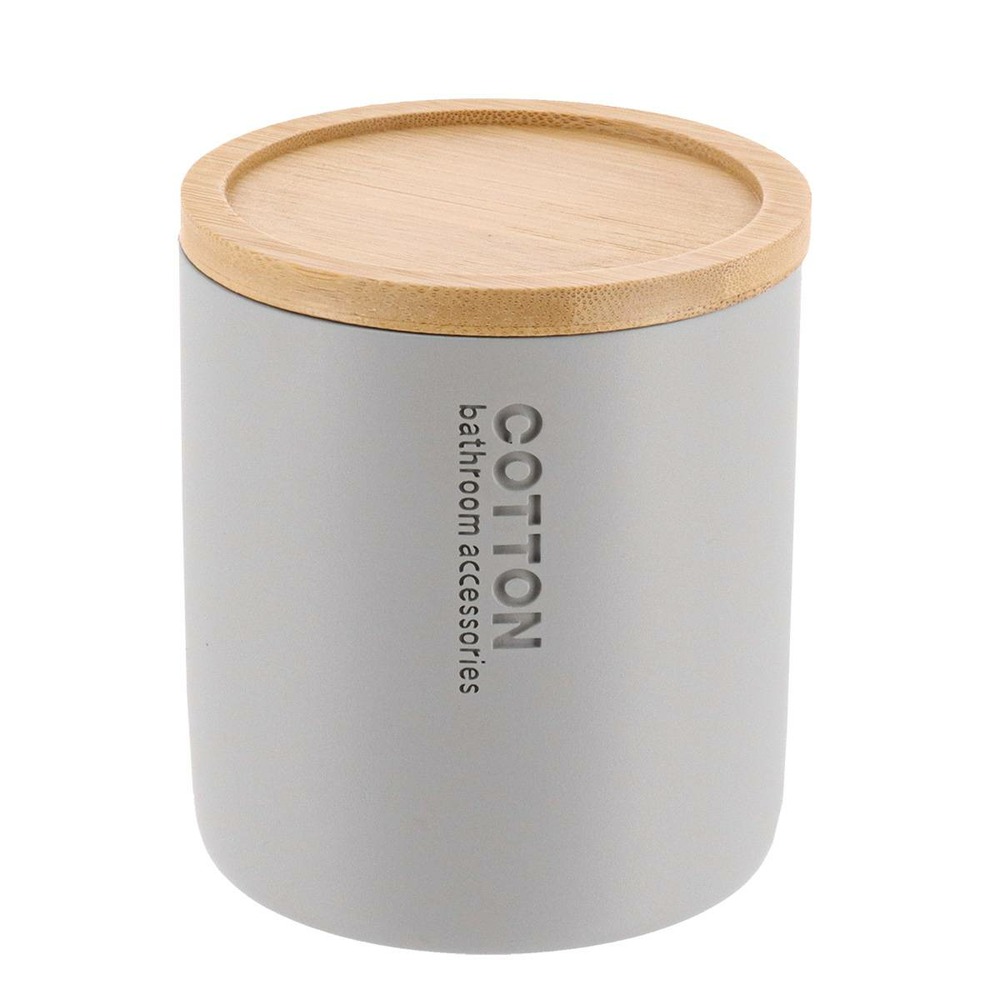 Boite a coton polyresine couvercle bambou - gris clair/bambou