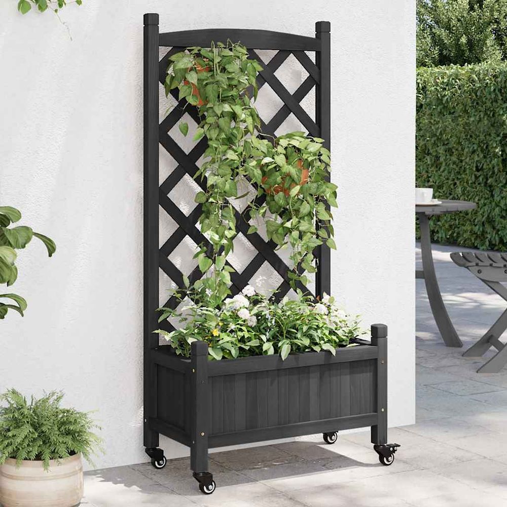 Jardinière design sur roues avec treillis intégré – bois de sapin massif finition moderne sombre – 55cm noir