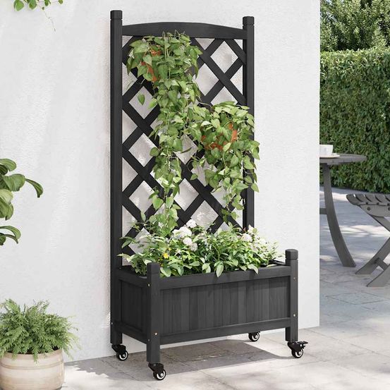 Jardinière design sur roues avec treillis intégré – bois de sapin massif finition moderne sombre – 55cm noir