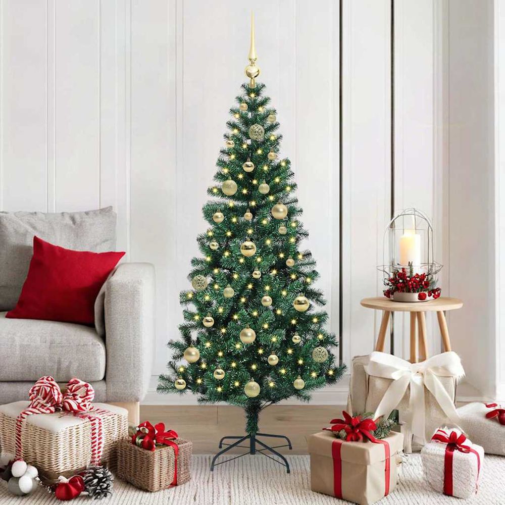 Sapin artificiel de fête 150cm, décoration complète avec 150 led intégrées et 61 boules