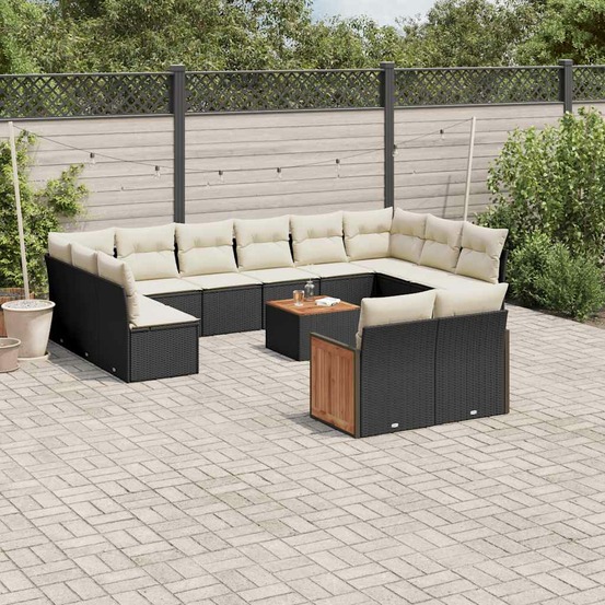 Salon de jardin avec coussins 13 pcs noir résine tressée